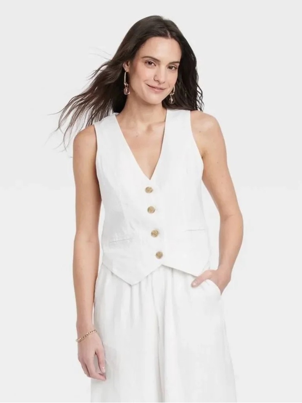 ‘ A New Day ’ Off White Buttoned V Neck Linen Vest size XS